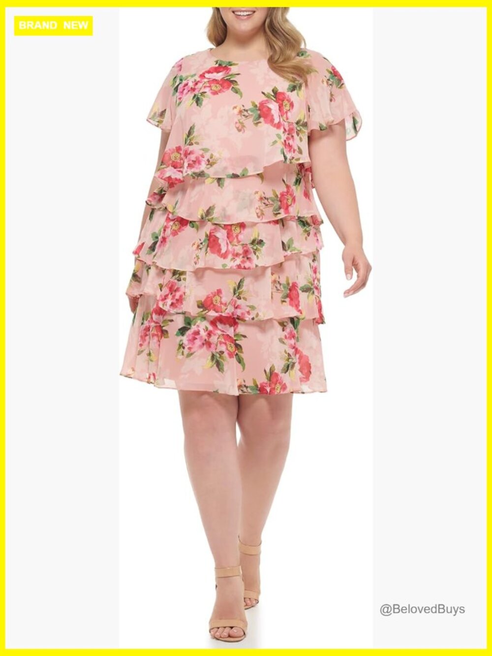 Floral Ruffle Chiffon Mini Shift Dress Butterfly Sleeve V-Neck